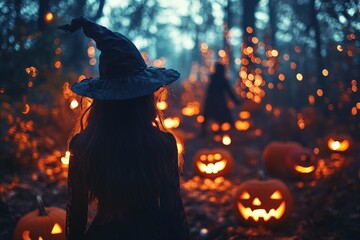 A witch in a black dress and hat walks through a forest with glowing pumpkins and fairy lights.