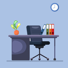 Flat illustration empty working table with cozy blue office chair