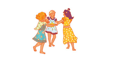 Round dance illustration. Three little girls spinning holding hands