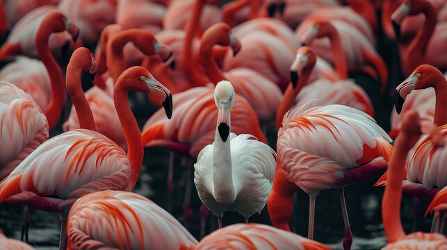 Distinctive white flamingo amidst colorful flock