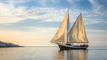 Fototapeta premium A classic sailing boat with its sails lowered, floating peacefully near a rocky coastline, with the masts standing tall against the sky.