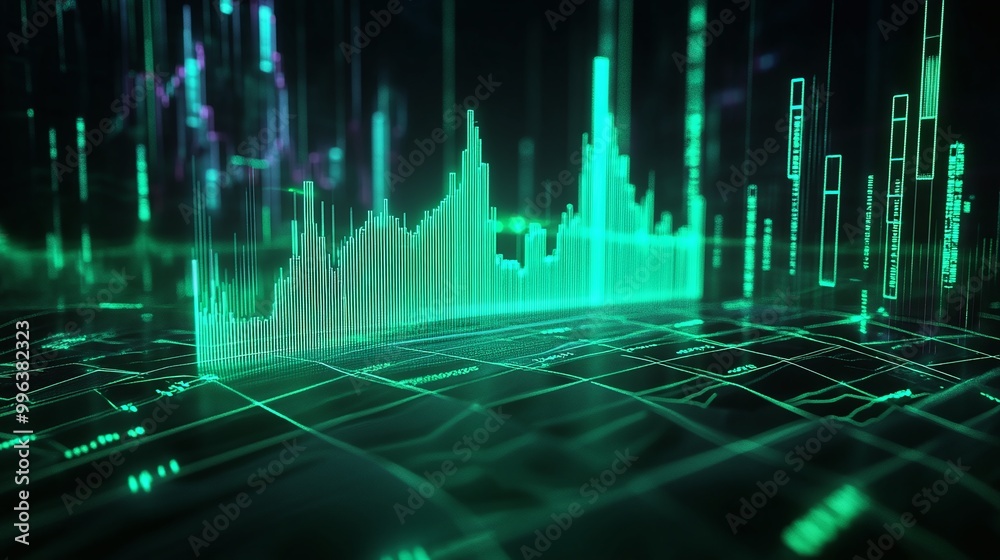 Poster abstract green data visualization with bar graphs and lines representing digital information analysi