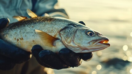 Obraz premium A close-up of a fisherman holding a freshly caught fish by the shore, with the glistening ocean water in the background.