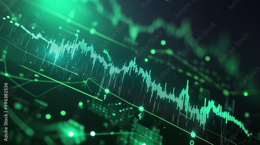 Aufkleber abstract green data visualization with digital wave patterns and network signals on a dark backgroun