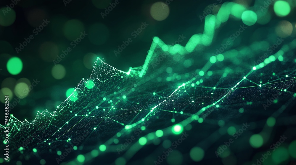 Poster abstract green data visualization with dots and lines, showcasing dynamic digital spread on a dark b