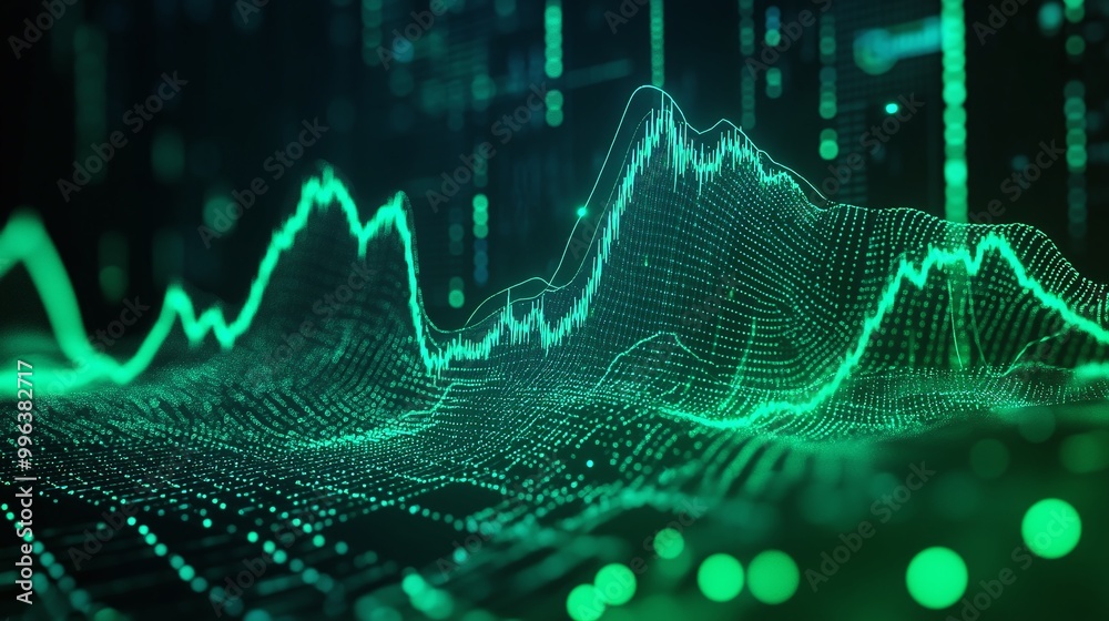 Poster abstract green data visualization with dynamic lines and peaks representing technology and analytics