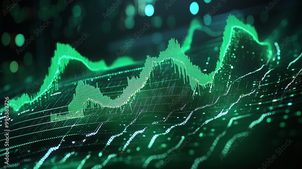 Poster abstract green data visualization with fluctuating graphs and digital elements on a dark background.
