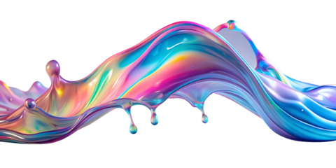 Vibrating holographic liquid textures with glossy shimmering finish, liquid motion background, bright iridescent colors, 3D colored abstract background cut out and isolated on a transparent background