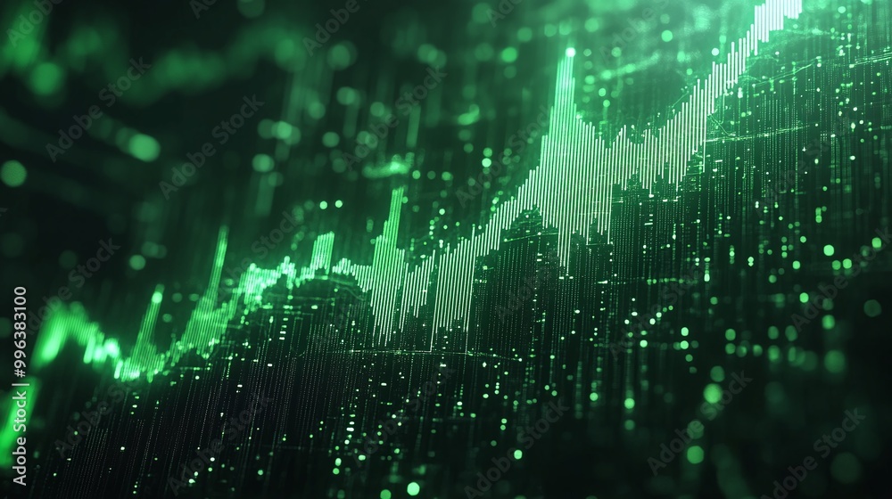 Fototapete abstract green data visualization with rising graphs and digital elements on a dark background.