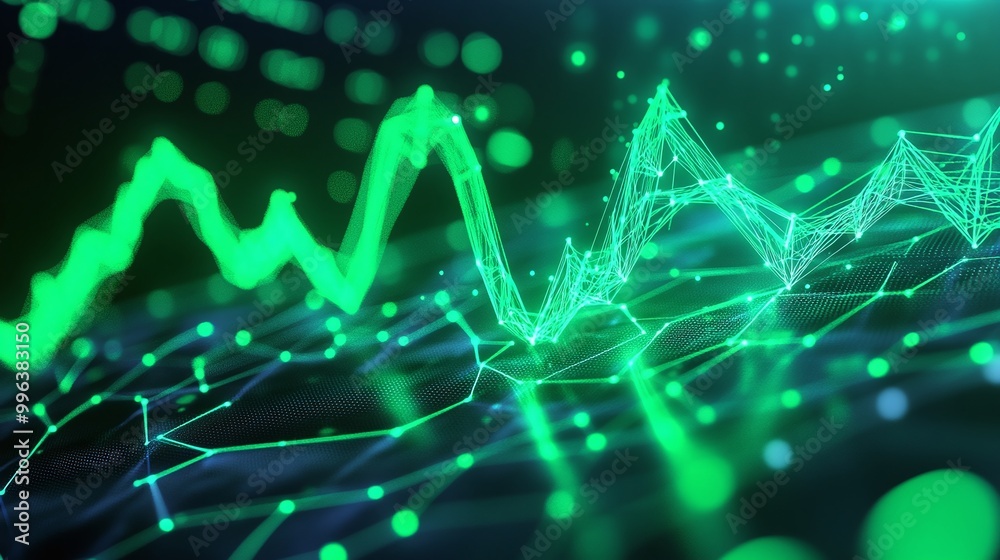 Poster abstract green data visualization with network connections and digital elements on a dark background