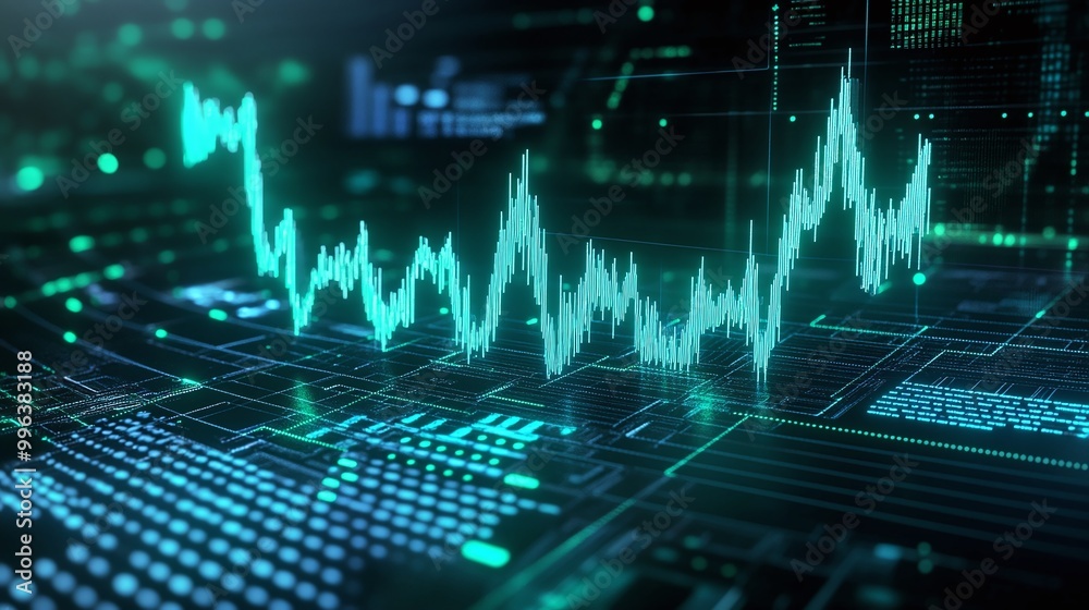 Poster abstract green data visualization with wave patterns on a digital interface.