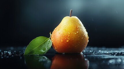 Fresh pear fruit and cut with dark background on table