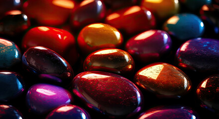 Closeup of colorful vibrant polished stones on dark background.