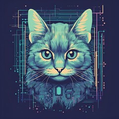 Futuristic cat illustration with digital elements for eye-catching t-shirt design
