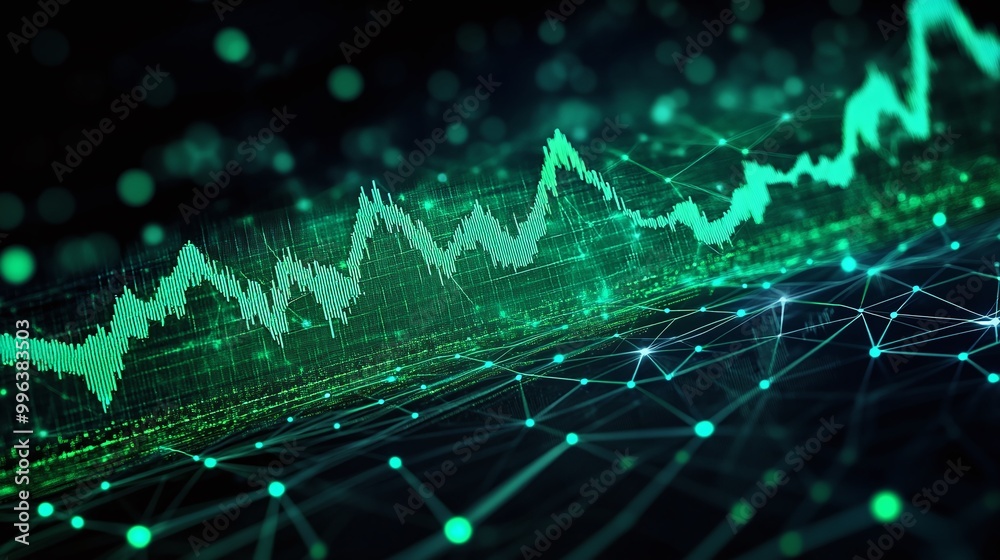 Poster abstract green digital data visualization with graphs and network connections on a dark background.