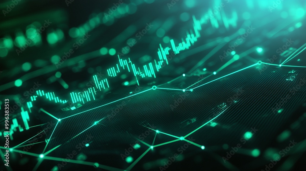 Poster abstract green digital data visualization with futuristic graphs and lines on a dark background.