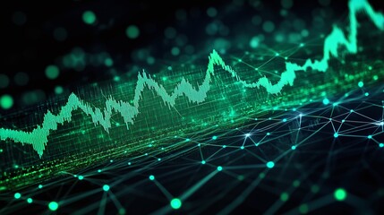 Abstract green digital data visualization with graphs and network connections on a dark background.