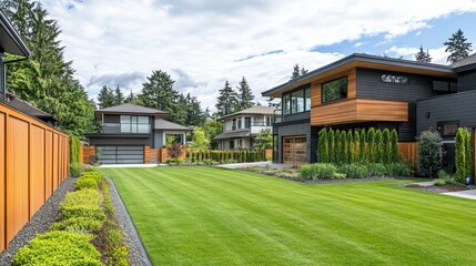 Obraz premium Contemporary Home Surrounded by a Wooden Fence and Well Maintained Lawn in Broad Daylight