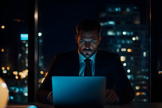 A business executive in a sharp suit focused on a laptop
