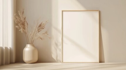 Fototapeta premium Contemporary japandi living room featuring a blank vertical frame for art mock up and a minimalist vase with dried foliage