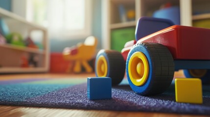 Fototapeta premium Colorful classic toddler toys including car wheels and geometric cubes captured from a low perspective in a home setting