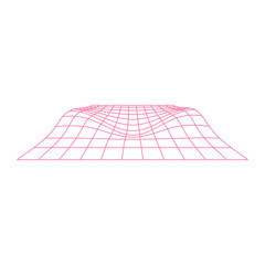 Distorted grid surface màu hồng. Mesh warp texture. Futuristic net with convex effect. Geometric deformation. Gravity phenomenon. Vector graphic illustration
