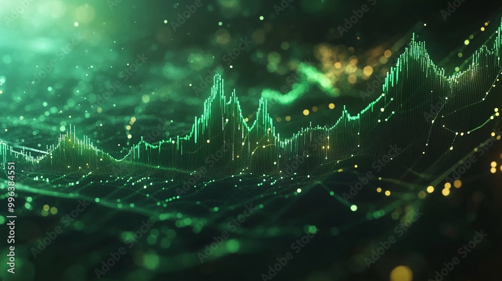 Poster abstract green digital wave and line patterns representing data visualization on a dark background.