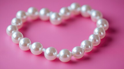 Obraz premium Heart shaped white pearl on a vibrant pink backdrop Elegant pearl beads forming a heart design Dazzling background for creative projects