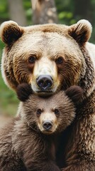 Obraz premium Tender Moment Between Brown Bear and Cub in Natural Habitat.