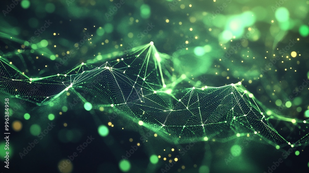 Poster abstract green digital wave with glowing particles and connecting lines, representing data and techn