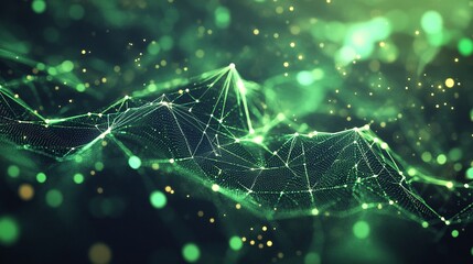 Abstract green digital wave with glowing particles and connecting lines, representing data and technology.