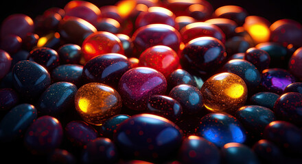 Closeup of colorful vibrant polished stones on dark background.