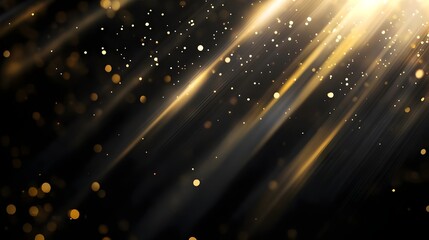 Black luxury background with golden line elements and light ray effect decoration and bokeh. Golden lines on a black background with starlight effect decoration. Luxury award ceremony design concept.