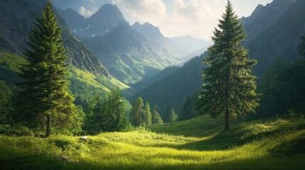 Scenic summer alpine landscape featuring lush grass and two pine trees on the left with a backdrop of forested mountains