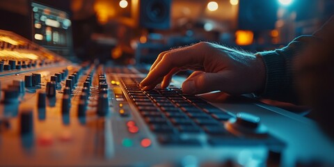 Producer at Work, fingers poised over keys in a bustling production office, illumination highlighting creativity in action