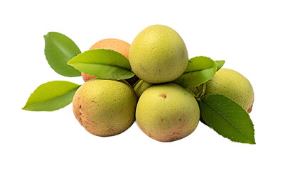a group of fruit with leaves  