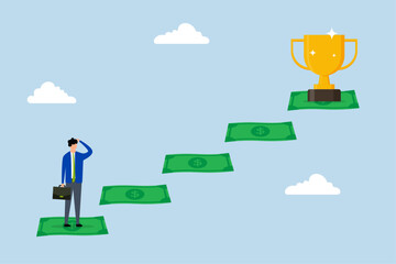 Stairway to money success, businessman is about to climb a staircase made of money in order to reach his goal.