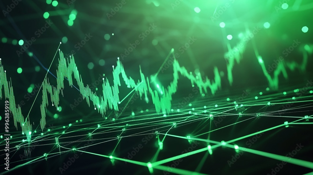 Poster abstract green tech visualization with data charts and lines on a digital background.