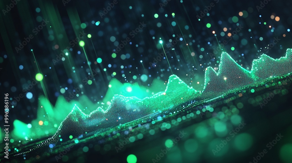 Poster abstract green wave graph with sparkling particles illustrating sound or data visualization.