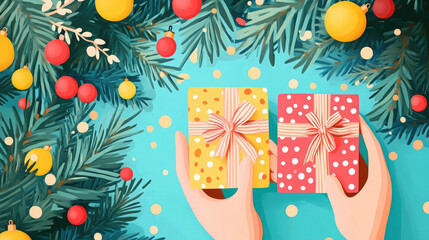 Hands of a person holding two gift boxes with ribbons and bows in polka dot gift paper wrapping on a blue background framed by branches of a Christmas tree decorated with toys. Flat style illustration