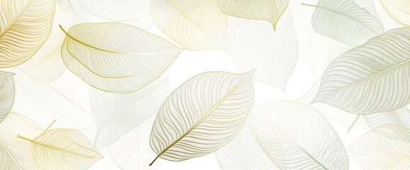 Obraz premium Printed gold foliage background with tropical leaves, leaf branch, and plants in hand drawn patterns. Illustration illustration for banners, prints, decorations, and fabrics.