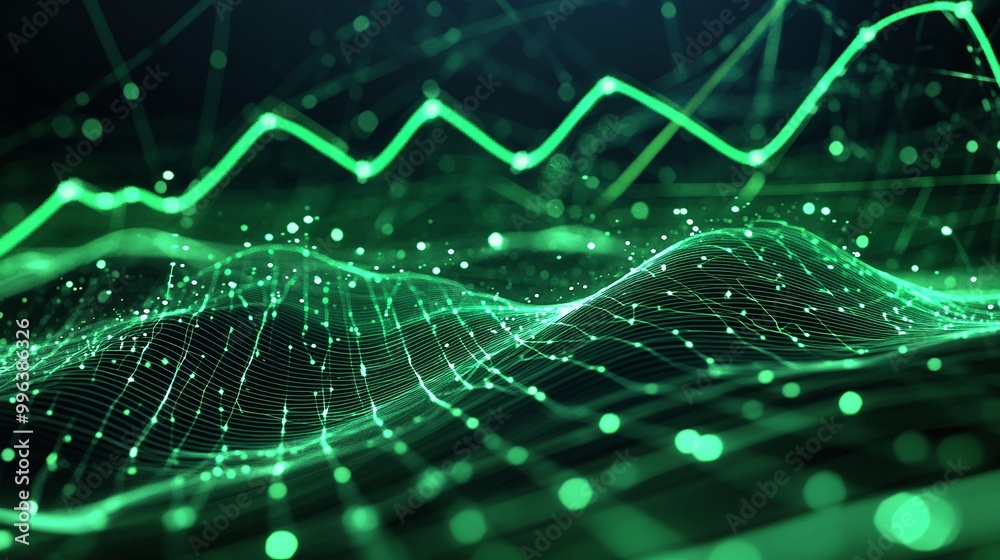 Poster abstract green wave lines with dots, representing data visualization or digital graph trends.