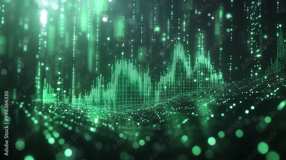 Poster abstract green wave of digital data visualization with sparkling particles in a futuristic space.