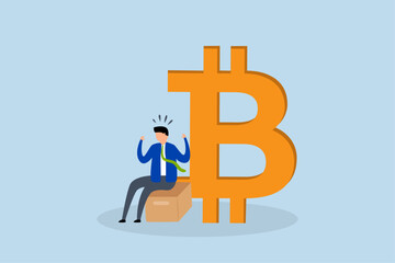 Fear, uncertain businessman investor is seated anxiously next to the Bitcoin symbol.