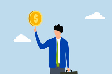 Financial plan investment strategy, Businessman with assurance spinning a large coin on his fingertip.