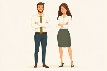 Fototapeta premium Smiling business couple standing. Perfect for illustrating business concepts or articles related to office life, teamwork, and professional success.