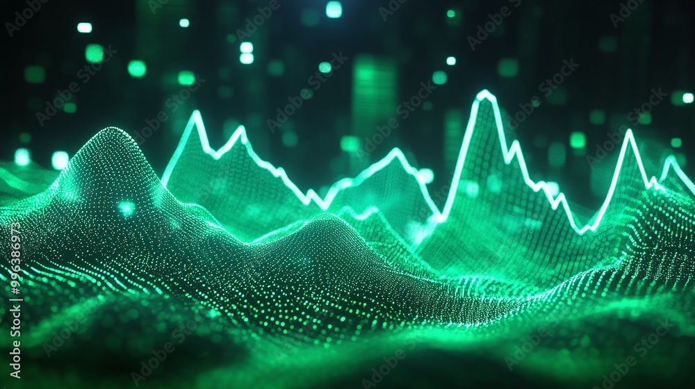 Poster abstract green wave visualization depicting digital sound patterns and data representation.