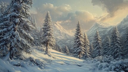 Snow laden trees in the mountain landscape