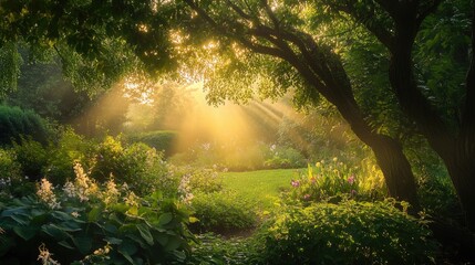 Fototapeta premium A tranquil dawn emerges as soft sunlight streams through the lively green foliage of a flourishing garden signaling the arrival of a new day in springtime