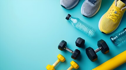 Flat Lay of Gym Equipment for Fitness Ads and Lifestyle Concepts